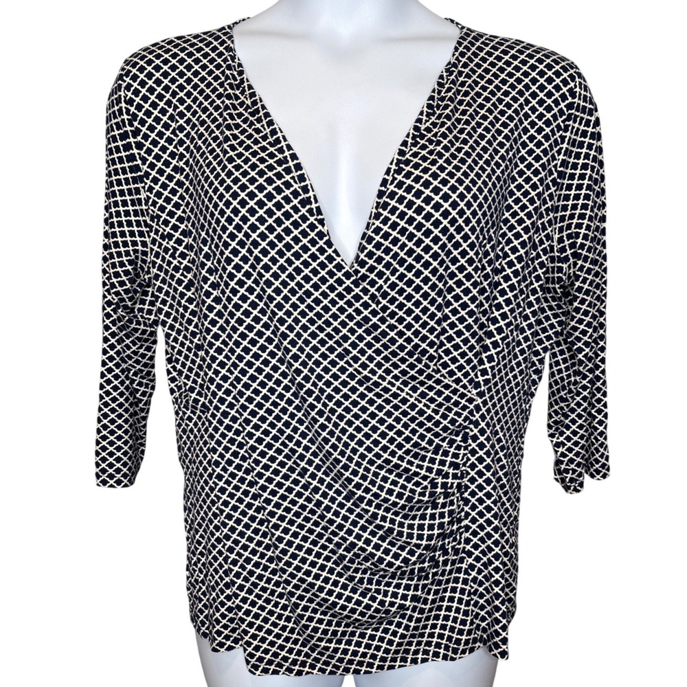 Talbots Woman Navy Blue White Geometric Print Faux Wrap Top Sz 1X Office Drapey‎